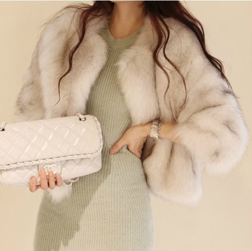 Free shipping Luxury fox fur wool wrist-length full leather sleeve o-neck fur coat