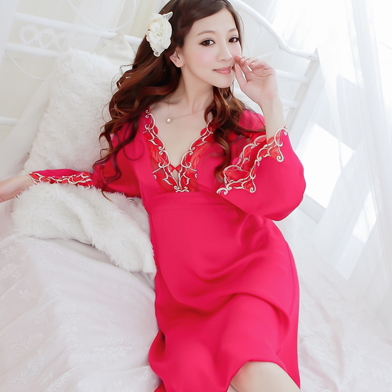 free shipping Luxury red south korean silk faux silk quality nightgown embroidery V-neck long design nightgown gift