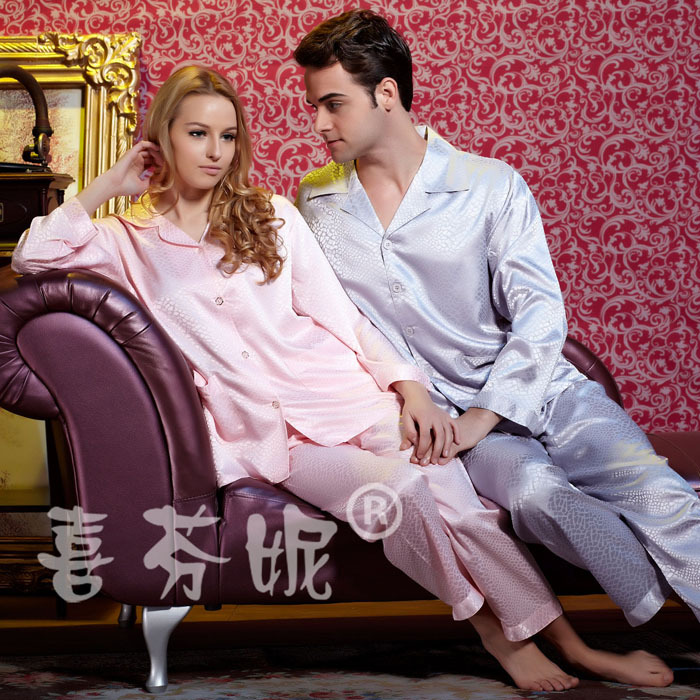 free shipping Luxury summer long-sleeve lovers faux silk sleep set silk lounge gift box