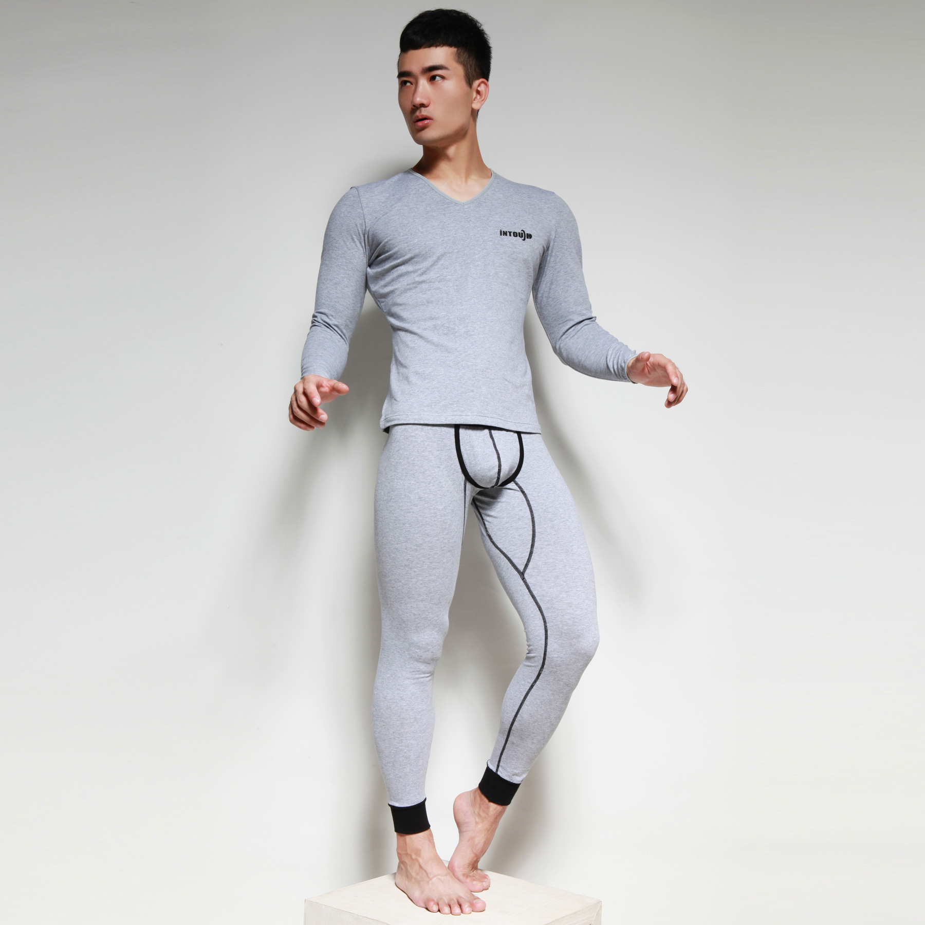 free shipping Male 100% cotton long johns long johns set fashion V-neck underwear thin