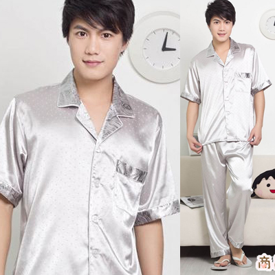 FREE SHIPPING Male lounge sleep set faux silk quality sleepwear short sleeve length pants sleep set