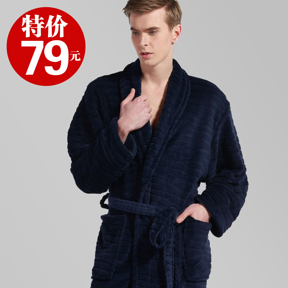 Free Shipping Male robe autumn and winter coral fleece male dark color solid color thermal male lengthen robe bathrobes