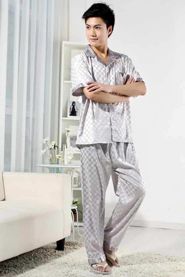 FREE SHIPPING Male short-sleeve fashion silk sleepwear luxurious and noble split sleepwear short sleeve length pants set