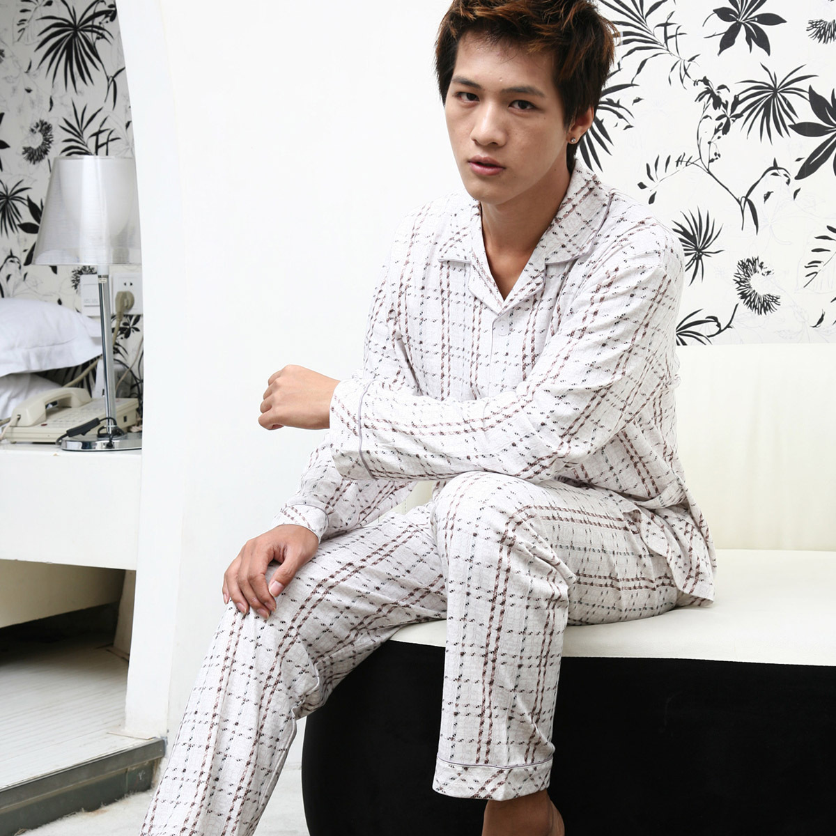 Free Shipping Male sleepwear spring and autumn sleepwear stripe plaid long sleeve length pants knitted cotton sleepwear lounge