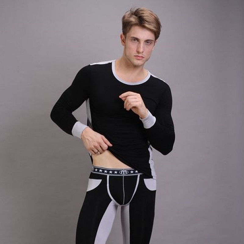 Free shipping male underwear modal slim thin basic o-neck underwear set fashion long johns wholesale and retail