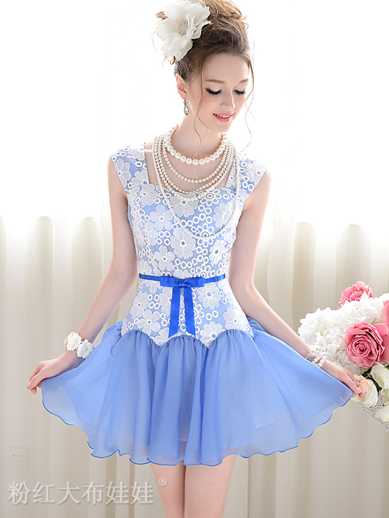 Free Shipping Manufacturers Supply Women's Blue Flouncing Bow Slim Dresses  Wholesale Retail Dropship