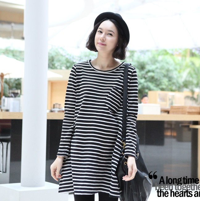 Free Shipping Maternity clothing autumn stripe large pocket maternity long design t-shirt maternity long-sleeve top