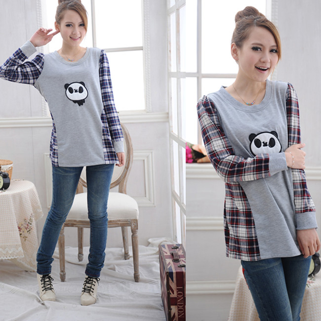 Free shipping Maternity clothing plus size 100% cute cotton maternity top maternity plaid t-shirt o-neck basic shirt