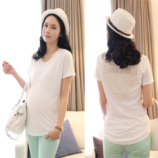 Free shipping Maternity clothing summer behind cutout lace maternity short-sleeve T-shirt maternity summer top