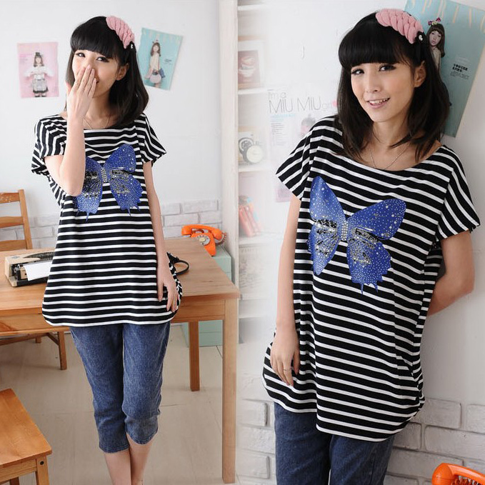 Free shipping! Maternity clothing summer short-sleeve butterfly stripe maternity top T-shirt