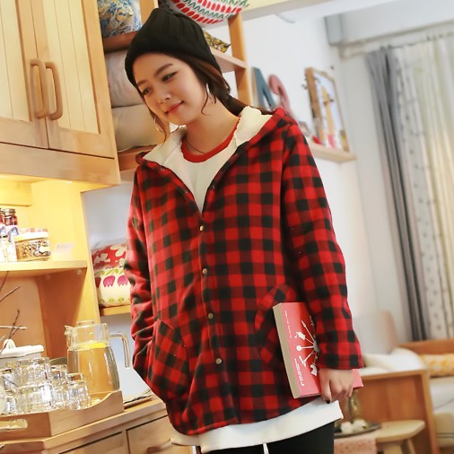 Free shipping Maternity clothing winter maternity outerwear wadded jacket red plaid plus velvet thickening maternity outerwear