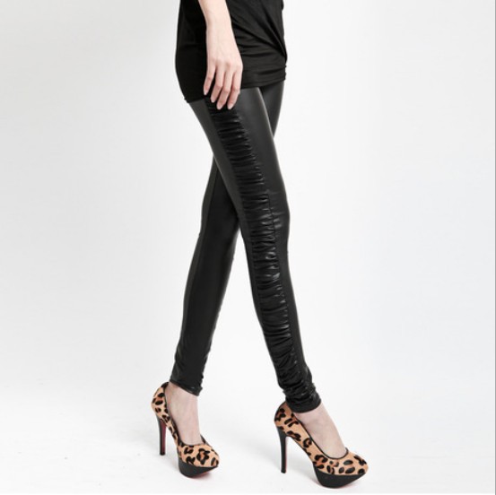 Free shipping Matte PU Leather With Side Fold Stitching  Pants Leggings