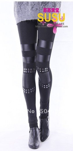 Free Shipping MD-002,Women PU Leather+cotton+Studs Rivet Leggings,Fashion Patch Pants,New Summer Cool Legging,high-elastic