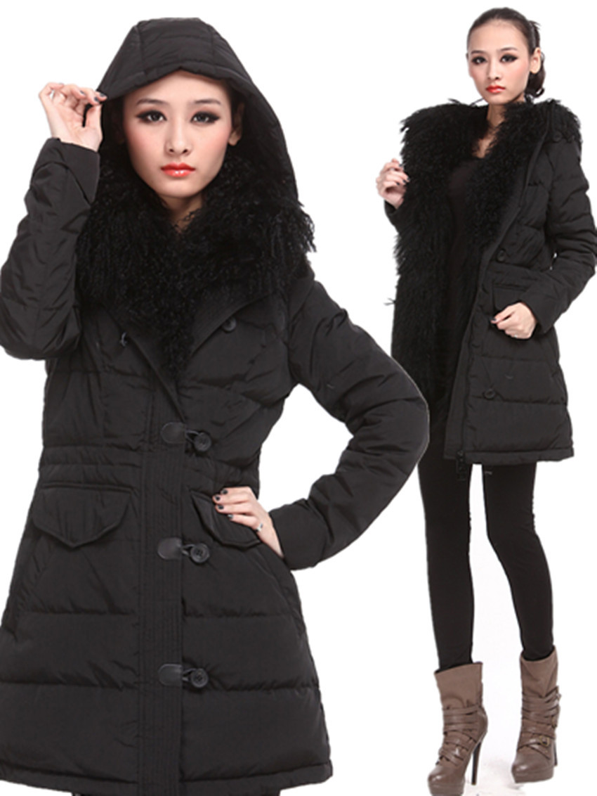 Free shipping! Meri Merimo Fur Collar Slim Long Design Down Coat Lamb Roll Fur Collar