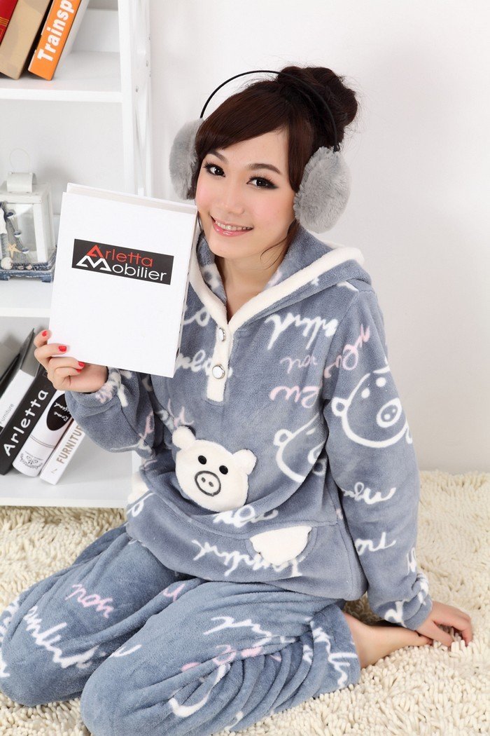 Free shipping Mickey Mouse / Cute pig grey color cartoon warm long sleeve women pajamas sleepwear pyjamas women