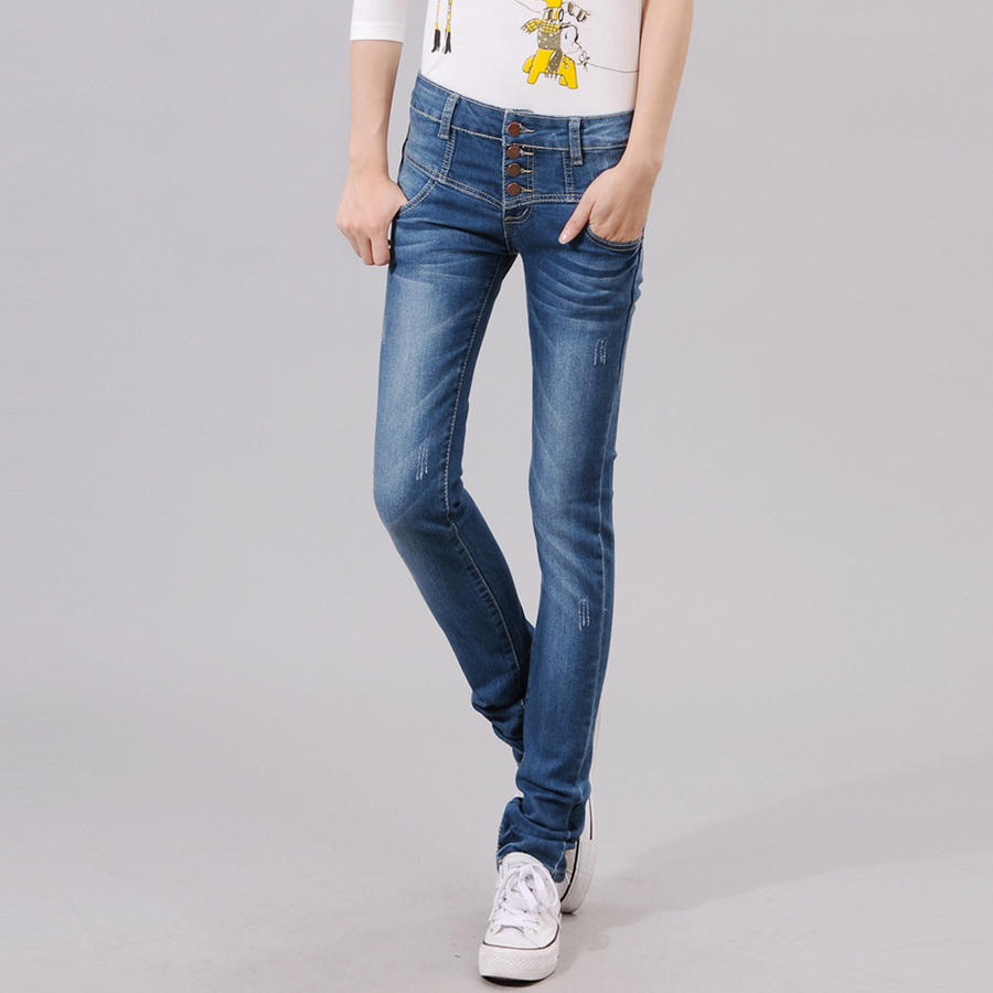 Free shipping Mid waist buttons jeans skinny pants pencil pants slim dark color trousers