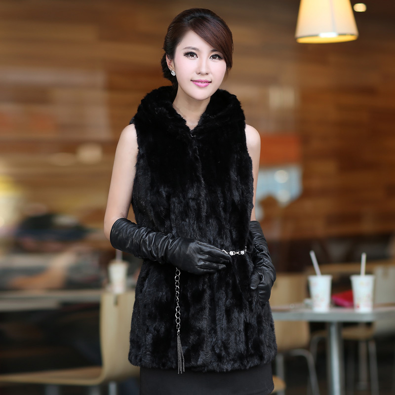 free shipping Mink fur vest mink hooded leather coat mink vest long design women's