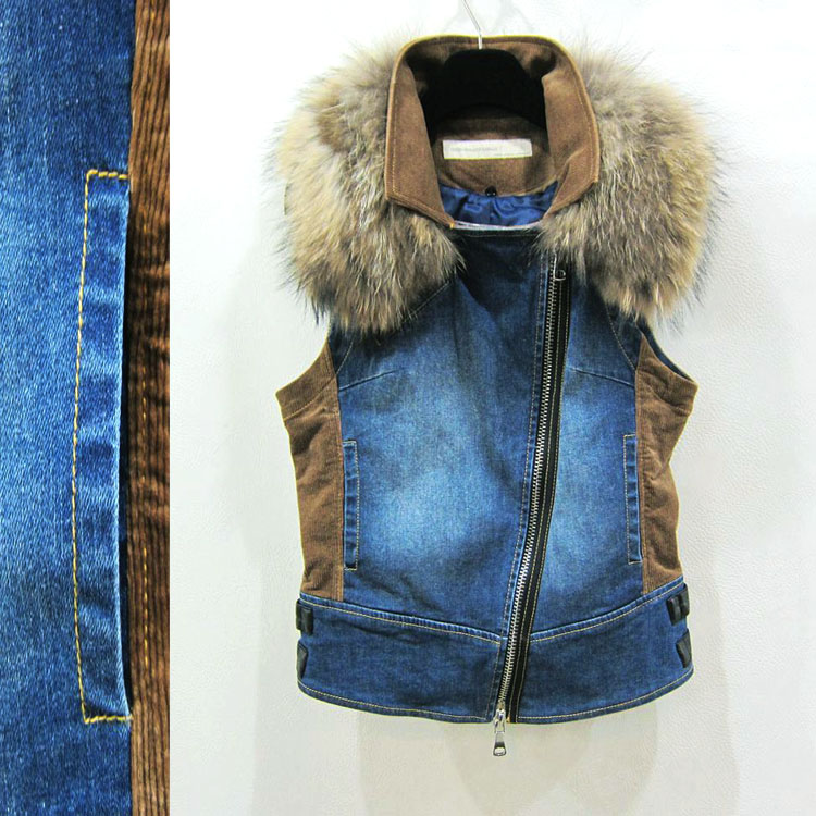 Free Shipping Mix match 2012 luxury fox fur oblique zipper slim flat flannelette denim vest