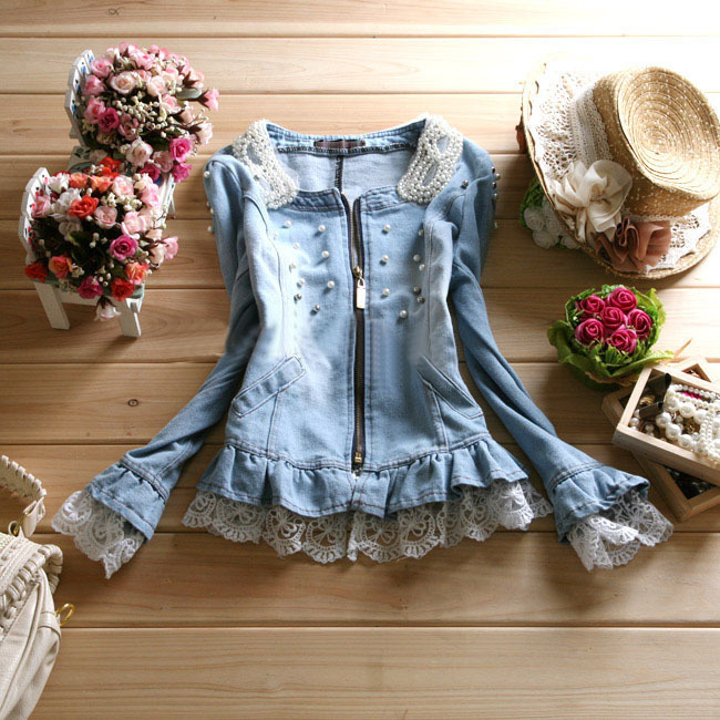 free shipping(mk) 2012 autumn women's water wash pearl water wash denim outerwear denim coat top 56079