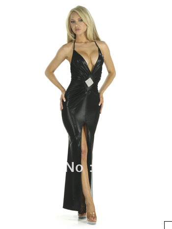 Free shipping ML17708 New Arrival Sexy Black  deeped V-neckline Gown long Leather dress