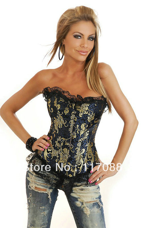 Free shipping!!ML4017 Lace Trimmed Emperial Lace Prints Bustier sexy corset with g-string (S/M/L/XL)