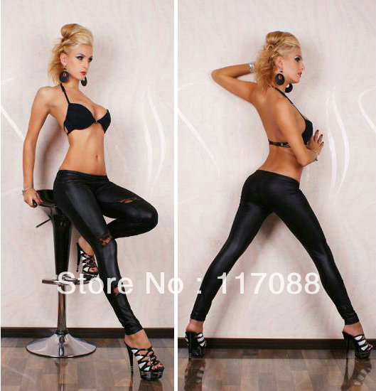 Free Shipping ML7551 Sexy black leggings with lace high waisted leather leggings ladies fashion leggings