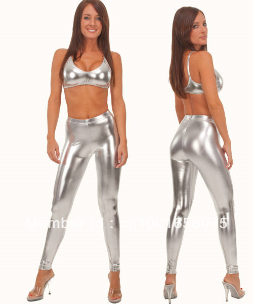 Free Shipping ML7555 Sexy Leggings Silver Tight Pants Skin Tights in Super Stretch Vinyl high waisted leather leggings