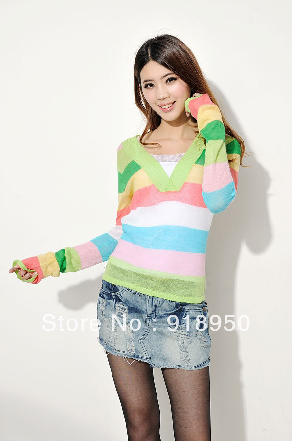 Free shipping Mori knitted thin hemp cotton colorful stripe V-neck knitted sweater