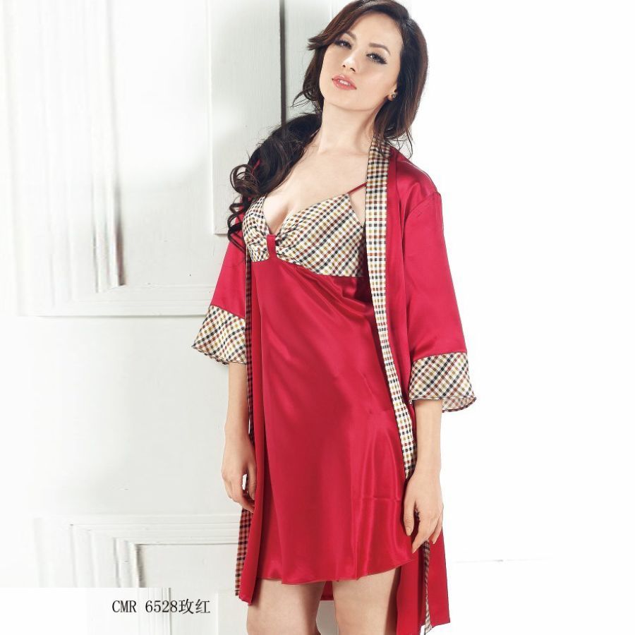 free shipping Mulberry silk heavy silk sleepwear check decoration spaghetti strap nightgown set 4 6528