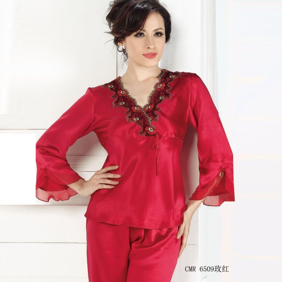 free shipping Mulberry silk heavy silk sleepwear exquisite laciness V-neck wrist-length sleeve set 6509