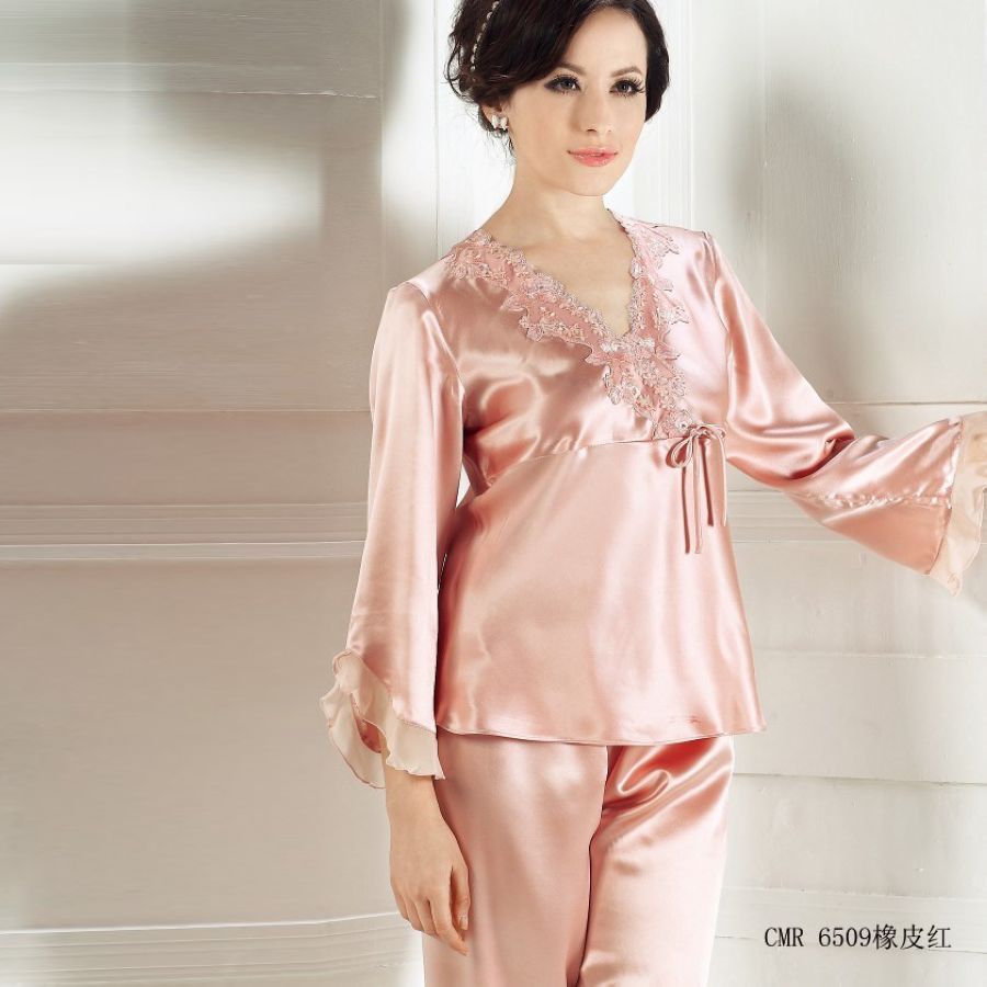 free shipping Mulberry silk heavy silk sleepwear exquisite laciness V-neck wrist-length sleeve set 6509