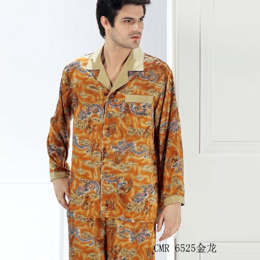 free shipping Mulberry silk heavy silk sleepwear male long sleeve length pants set fortune dragon 6525