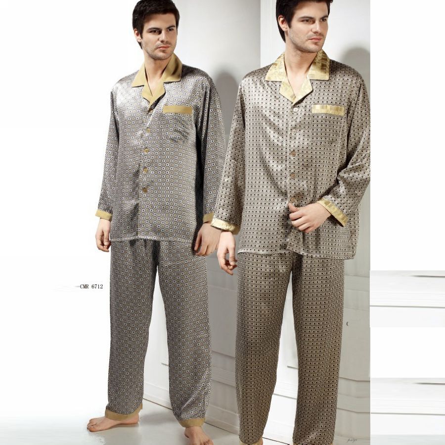 free shipping Mulberry silk heavy silk sleepwear male long-sleeve set classic small