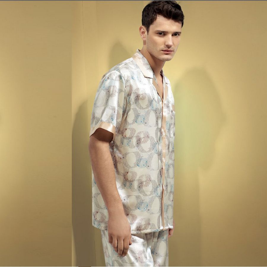 free shipping Mulberry silk heavy silk sleepwear male short-sleeve set 11006