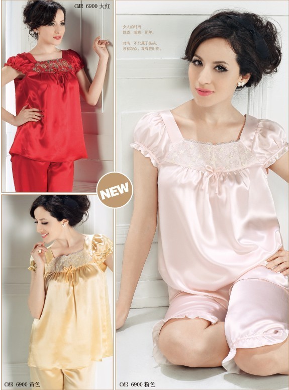 free shipping Mulberry silk heavy silk sleepwear princess sleeve short-sleeve capris set 4 6900