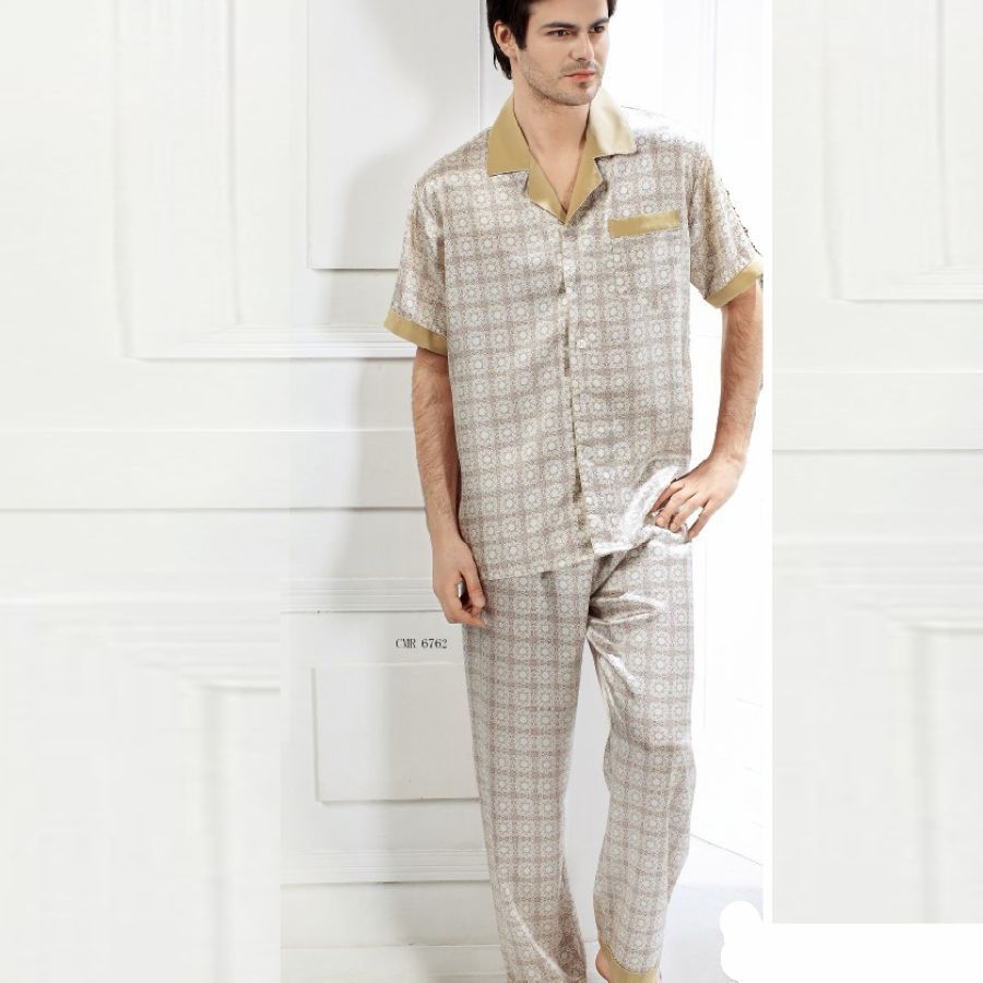 free shipping Mulberry silk heavy silk sleepwear print classic male short sleeve length pants set 6762