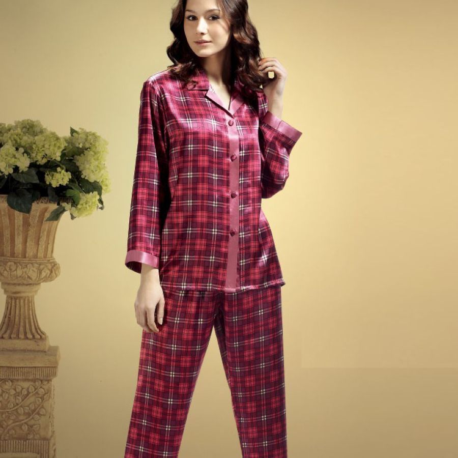 free shipping Mulberry silk heavy silk sleepwear women's plaid print long-sleeve set 11015