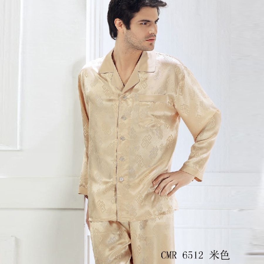 free shipping Mulberry silk quality jacquard silk sleepwear male long sleeve length pants set 6512