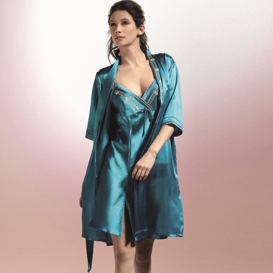 free shipping Mulberry silk sleepwear lounge female embroidered robe spaghetti strap twinset 2056 chromophous