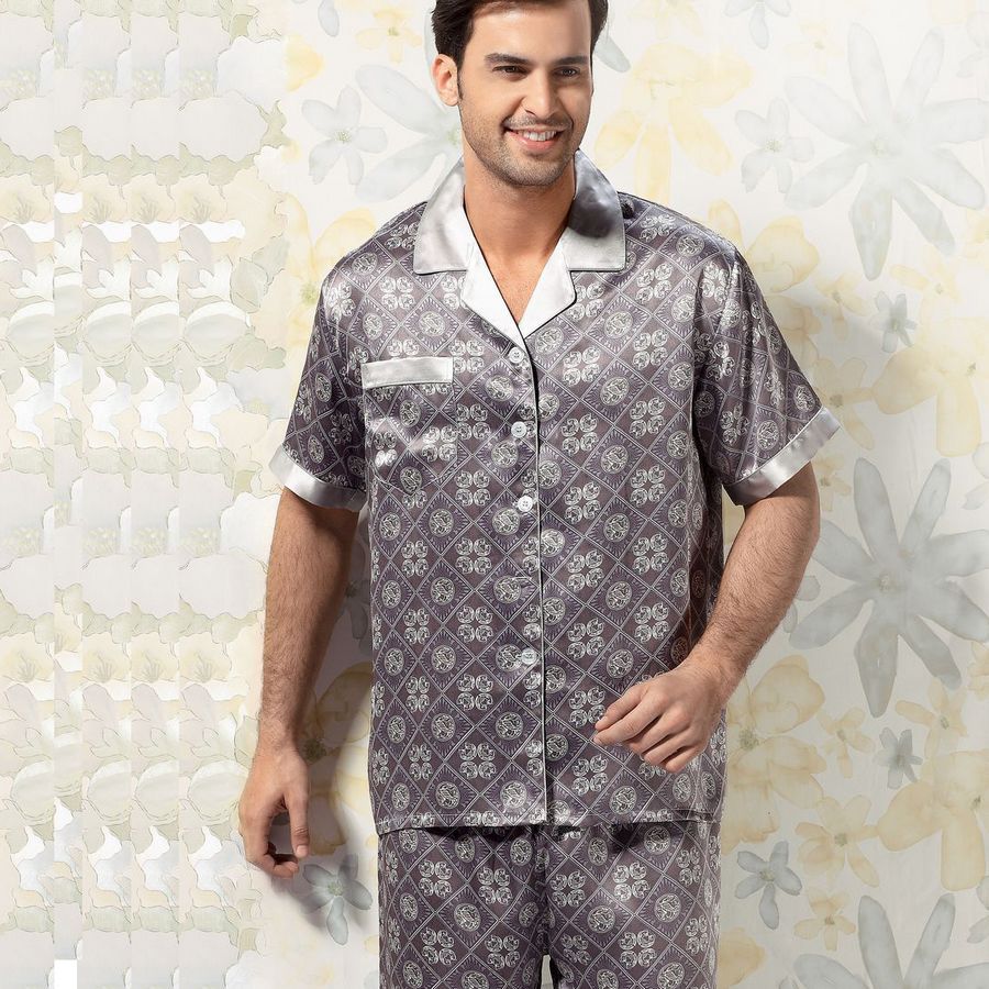 free shipping Mulberry silk sleepwear lounge male short sleeve length pants sleep set 2205