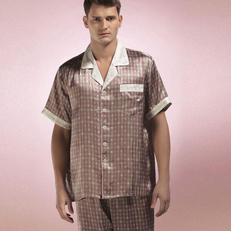 free shipping Mulberry silk sleepwear lounge male short sleeve length pants sleep set yr2030b