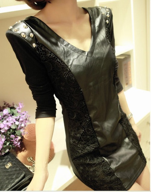 Free Shipping Mushroom 2013 spring women's sexy slim hip leather skirt basic one-piece dress