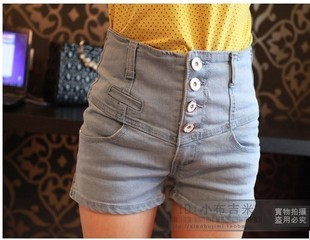 free shipping Mushroom blue single breasted high waist denim shorts slim design quality denim shorts