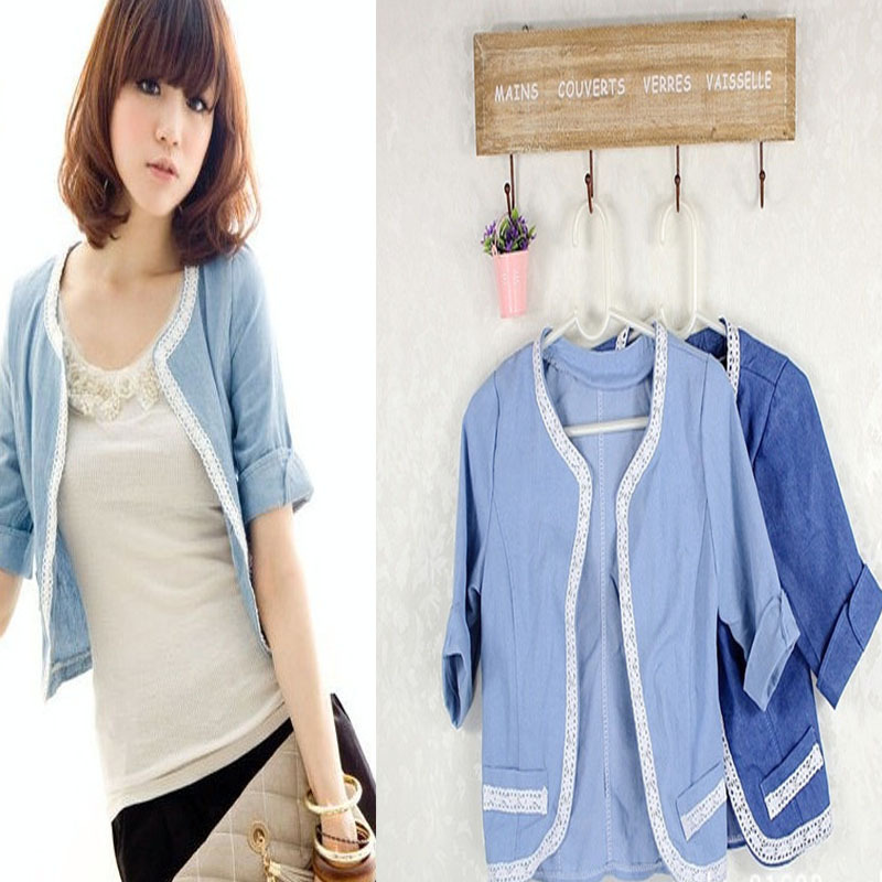 Free shipping Mushroom women's summer o-neck lace pocket half sleeve denim outerwear