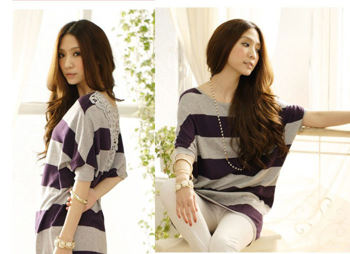 Free Shipping MY 181 is stripe slim batwing sleeve behind cutout pullover knitted sweater shirt