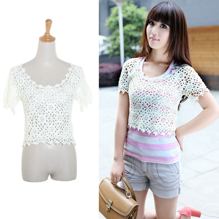 Free Shipping MY 2077 is short design pullover all-match cutout knitted sweater shirt pearl surround handmade crotch