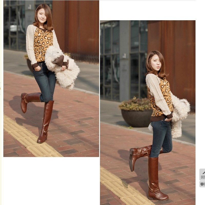 Free Shipping MY 3522 fashion leopard print pattern pullover regular style all-match sweater shirt