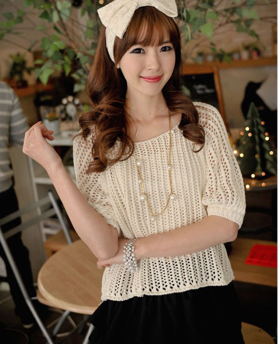 Free Shipping MY 41001 is back square collar half sleeve sweet cutout pullover shirt knitted sweater shirt