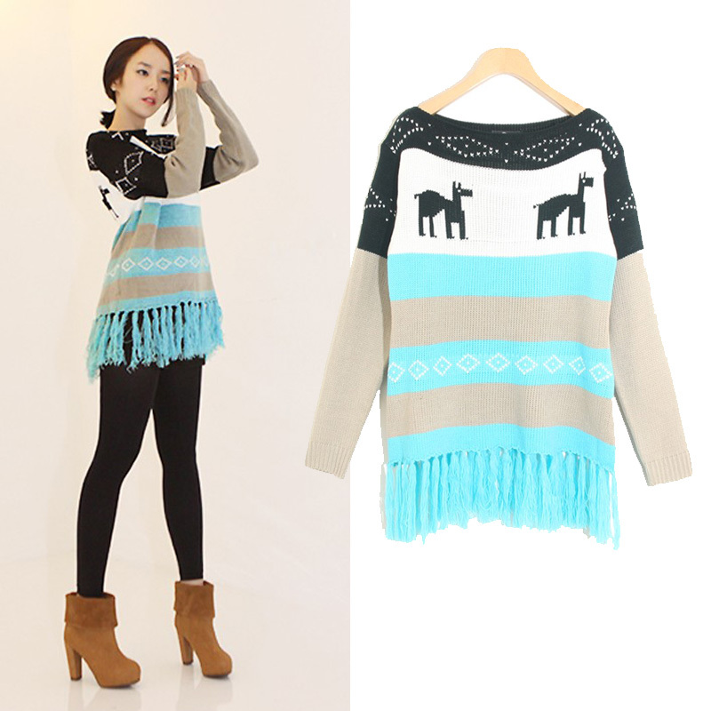 Free Shipping MY 41010 fashion onta stripe color block decoration tassel all-match sweater shirt outerwear