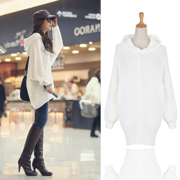 Free Shipping MY  9103 madden white with a hood batwing sleeve sweater dress knitted sweater dress